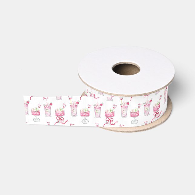 Watercolor Hot Pink Mahjong Cocktails Grosgrain Ribbon (Spool)