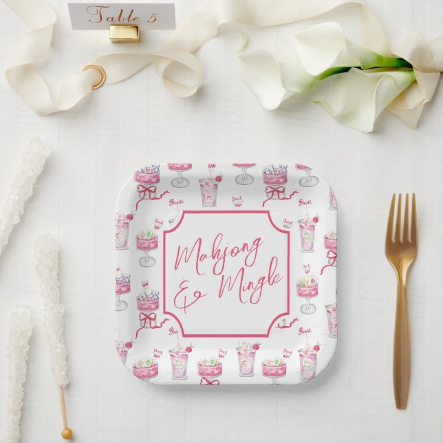 Watercolor Hot Pink Mahjong Cocktails Paper Plates (Wedding)