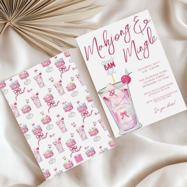 Watercolor Hot Pink Mahjong Cocktails Party Invitation (Creator Uploaded)