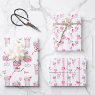 Watercolor Hot Pink Mahjong Cocktails Wrapping Paper Sheets
