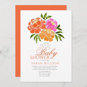 Watercolor Hot Pink Orange Floral Baby Shower Invitation