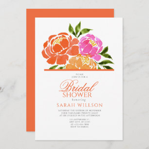 Watercolor Hot Pink Orange Floral bridal shower Invitation