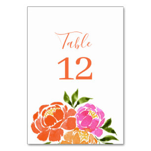 Watercolor Hot Pink Orange Floral Table Number