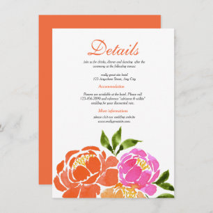 Watercolor Hot Pink Orange Floral  Wedding Details Enclosure Card