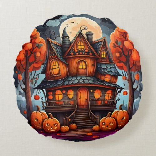 Watercolor House built out of pumpkins Round Pillow