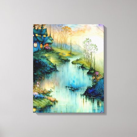 Watercolor House By The River Poster Canvas Print