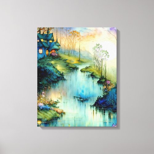 Watercolor House by the River Poster Canvas Print