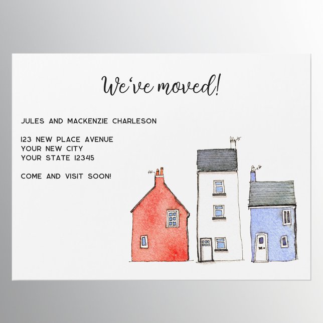 Watercolor House Change of Address Magnetic Card (New home moving announcement magnetic card with watercolour houses and cottages and custom text)