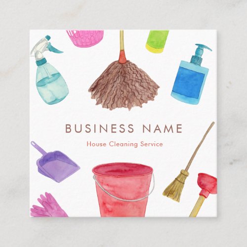 Watercolor House Cleaning Supplies QR Code Square Business Card
