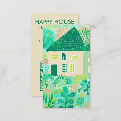 Watercolor House Cleaning Yardwork Garden QR Code Business Card