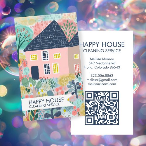 Watercolor House Cleaning Yardwork Garden QR Code Business Card