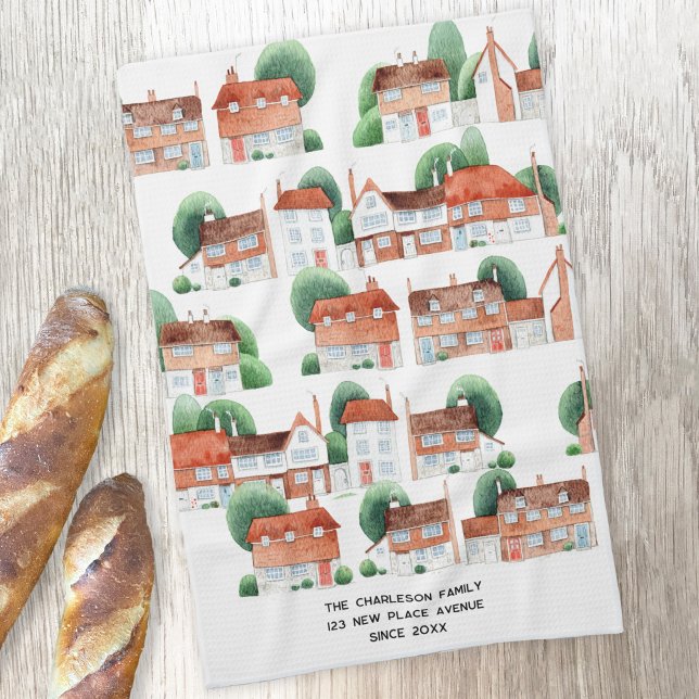 Watercolor House Home Art Personalized New Home Kitchen Towel (Traditional watercolor house and cottage art personalized kitchen tea towel for housewarming gifts)