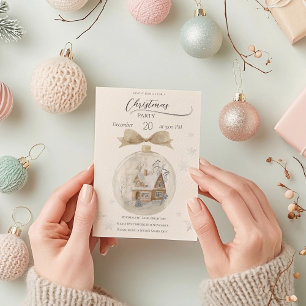 Watercolor House in Snow Globe Christmas Invitation