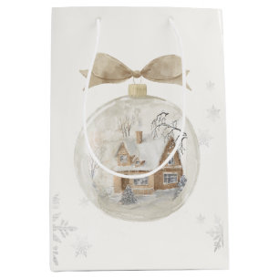 Watercolor House in Snow Globe Christmas Medium Gift Bag