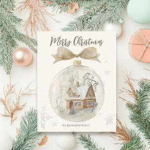 Watercolor House in Snow Globe Christmas Postcard