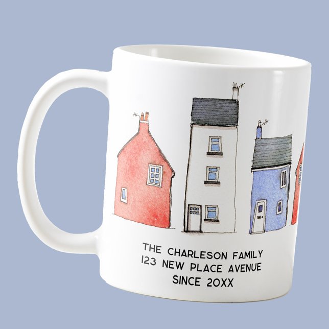 Watercolor House New Home Personalized Coffee Mug (Watercolor house and cottage art personalized name and address mug for new home or housewarming gift)
