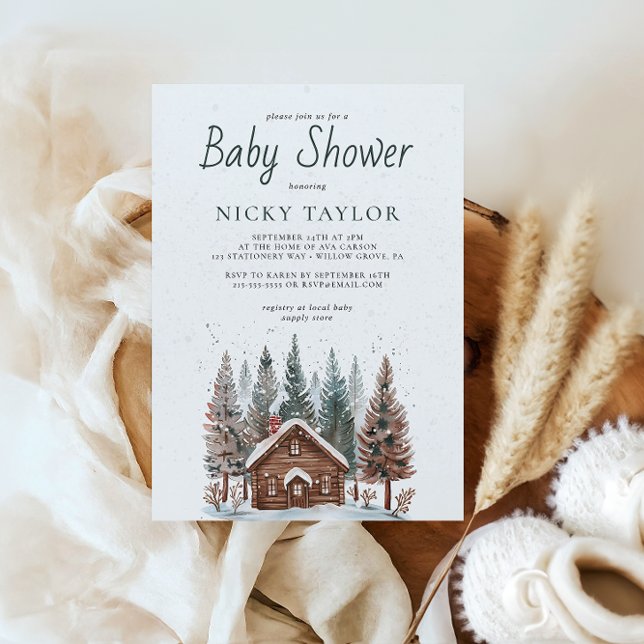 Watercolor House Pine Tree Snow Winter Baby Shower Invitation (Creator Uploaded)