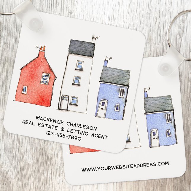 Watercolor House Real Estate Agent Promotional Keychain (Watercolor house art business promotional keychain for real estate letting agent client customer)