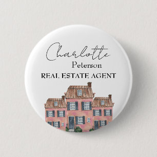 Watercolor House Real Estate Name Tag Custom Button