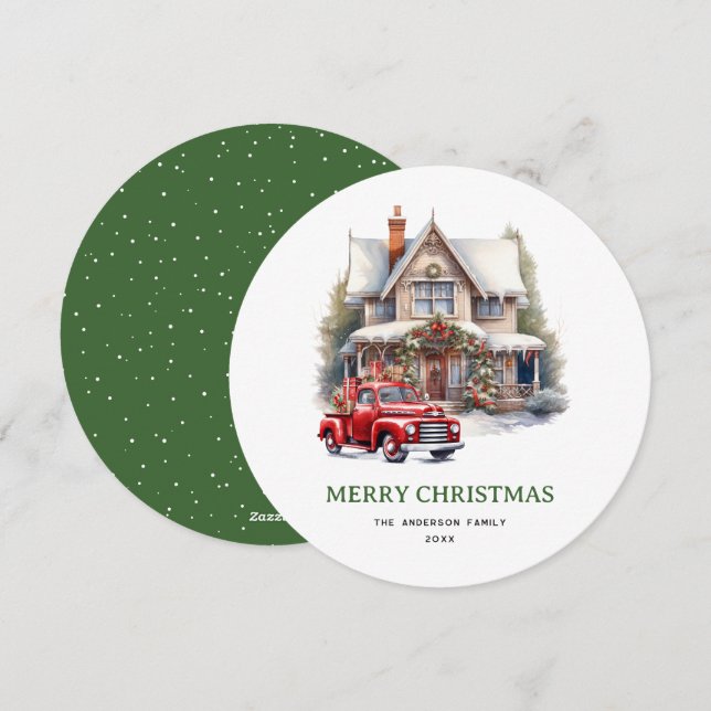 Watercolor House Red Truck Merry Christmas Card (Front/Back)