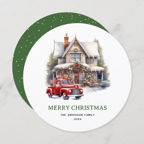 Watercolor House Red Truck Merry Christmas Card