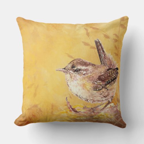 Watercolor House Wren Bird Nature Art Outdoor Pillow