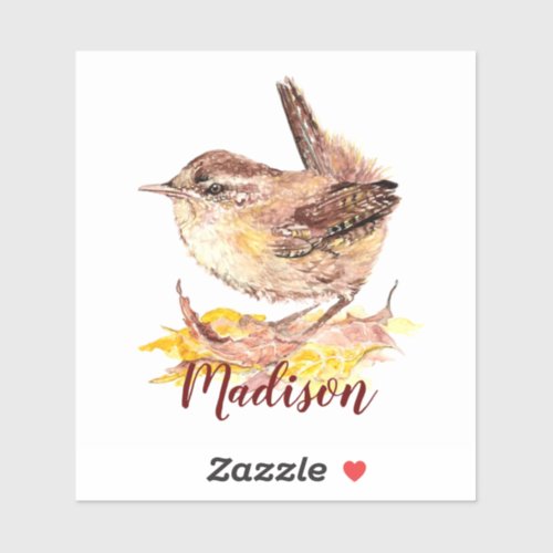 Watercolor House Wren Bird Nature Custom Name Sticker