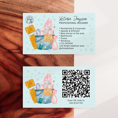 Watercolor housekeeping maid cleaning service blue business card