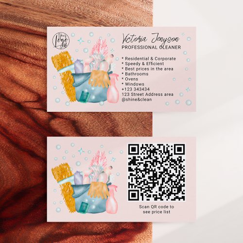 Watercolor housekeeping maid cleaning service pink business card