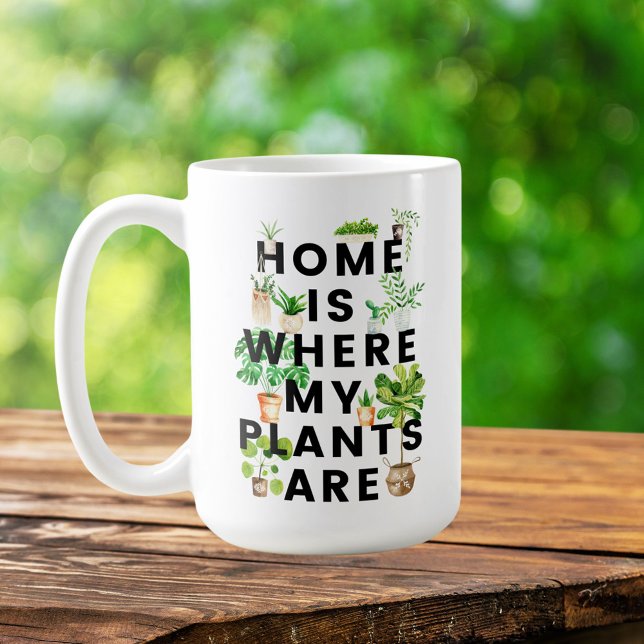 Watercolor Houseplant Gardening Quote Coffee Mug (In situ in nature)
