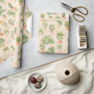 Watercolor houseplant pattern with potted indoor p wrapping paper
