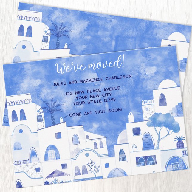 Watercolor Houses Change of Address Announcement (Blue and white watercolor Mediterranean houses and apartements change of address moving announcement)