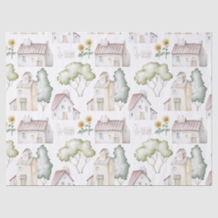 Watercolor Houses, Trees, and Sunflowers Decoupage Tissue Paper