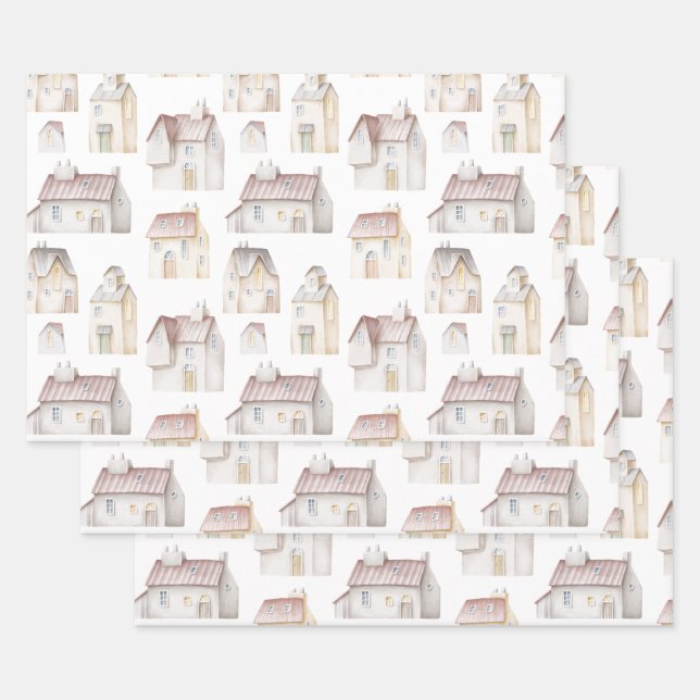 Watercolor Houses Wrapping Paper Sheets (Set)