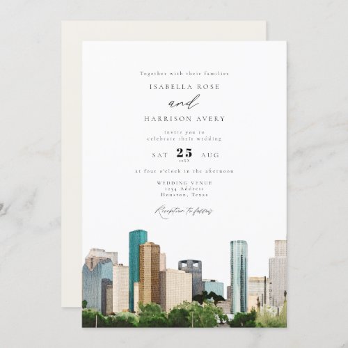 Watercolor Houston Texas City Skyline Wedding Invitation