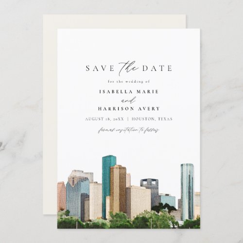 Watercolor Houston Texas  Skyline Save the Date Invitation
