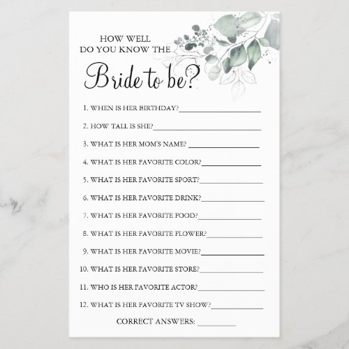 Watercolor  How well do you know bride game card Flyer