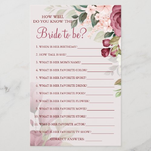 Watercolor  How well do you know bride game card Flyer