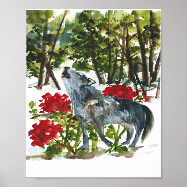Watercolor howling wolf poster (Front)