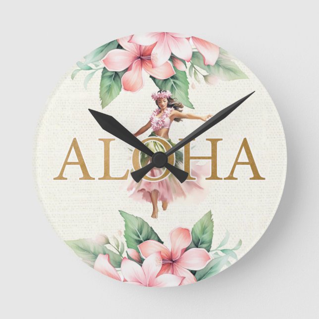Watercolor Hula Girl Aloha On Island Time Hawaii Round Clock (Front)