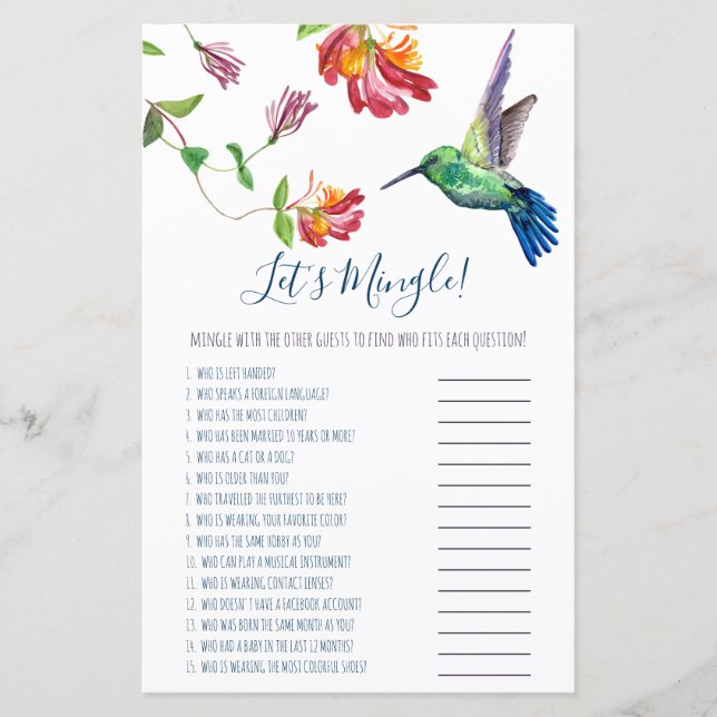 Watercolor Humminbird Let's Mingle! Game (Front)