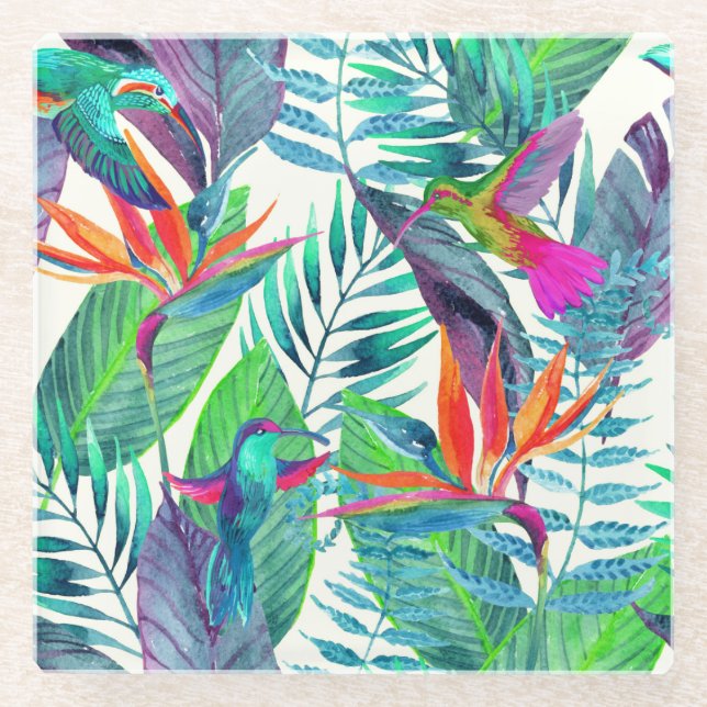 Watercolor Humminbirds In The Jungle 2 Glass Coaster (Front)