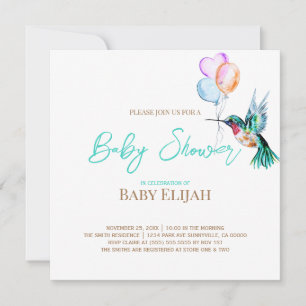 Watercolor Hummingbird and Balloons Baby Shower Invitation