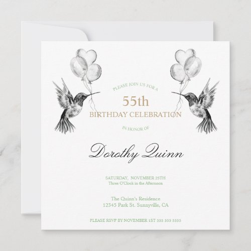 Watercolor Hummingbird and Balloons Birthday Invitation