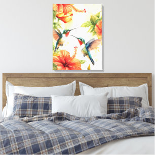 Watercolor Hummingbird and Flowers Design Canvas Print
