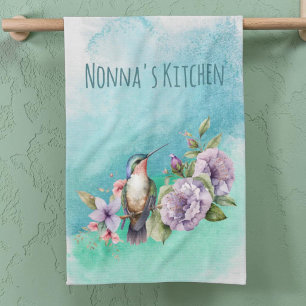 Watercolor Hummingbird and Flowers Personalized Kitchen Towel