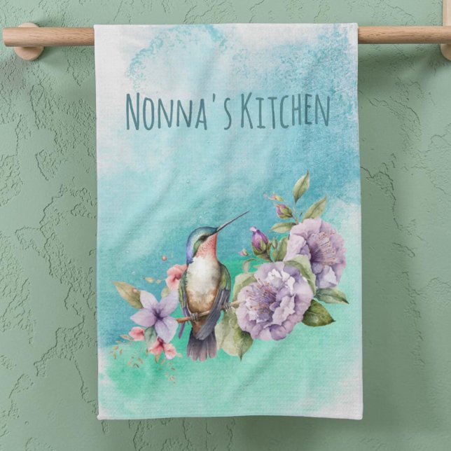 Watercolor Hummingbird and Flowers Personalized Kitchen Towel (Kitchen towel template of hummingbird and watercolor background.)