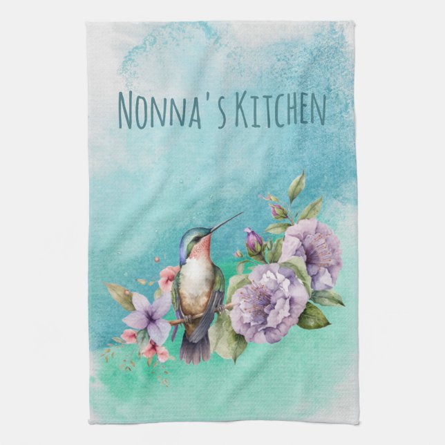 Watercolor Hummingbird and Flowers Personalized Kitchen Towel (Vertical)