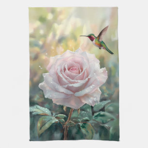 Watercolor Hummingbird and Pink Rose Kitchen Towel