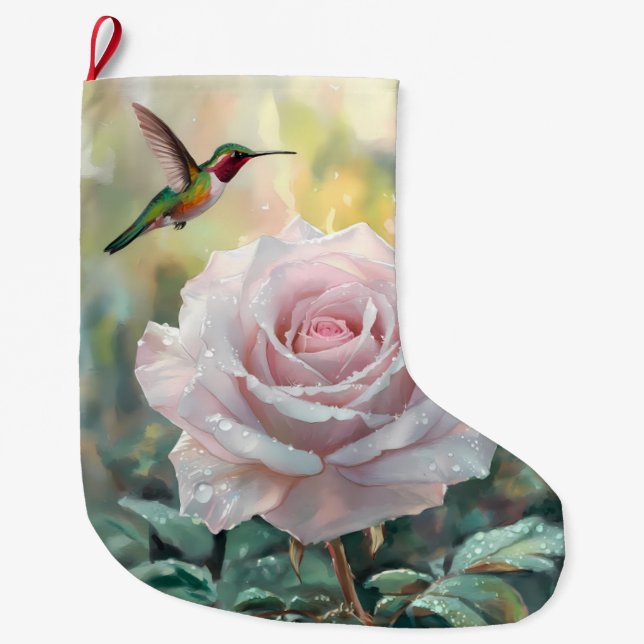 Watercolor Hummingbird and Pink Rose Large Christmas Stocking (Front)
